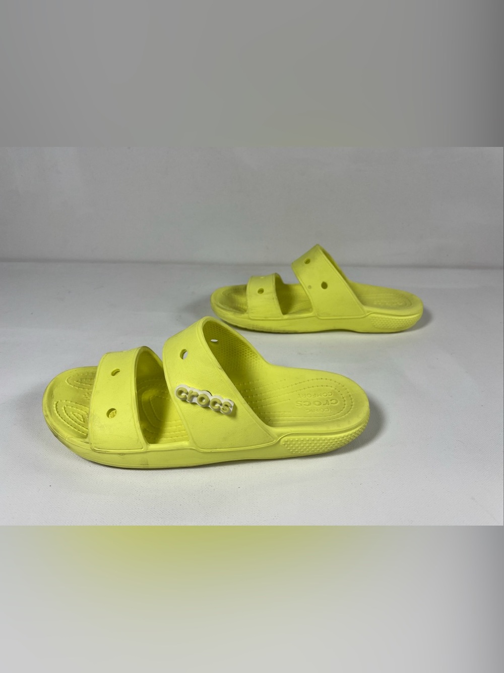 Crocs Classic Sandal Two-Strap Slides w/ Charms Neon Yellow Women’s 9 Men’s 7